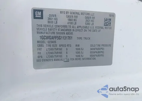 2016 Chevrolet Express 2500 Work Van from USA, damaged, VIN 1GCWGAFF5G1131761